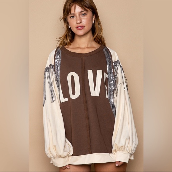 POL Tops - POL Brown & Ivory LOVE Sequin Fringe Statement Top